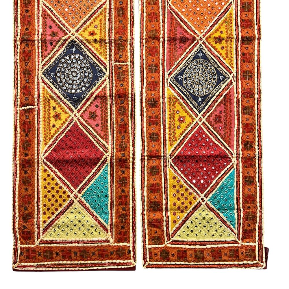 Vintage Rajasthani Sari Embroidered Patchwork Mirrored Tile Wall Hanging Panels - Picture 4 of 8